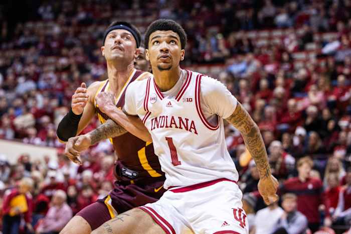 Indiana Hoosiers center Kel'el Ware (1) boxes out Minnesota Golden Gophers forward Dawson Garcia (3) in the second half at Simon Skjodt Assembly Hall.